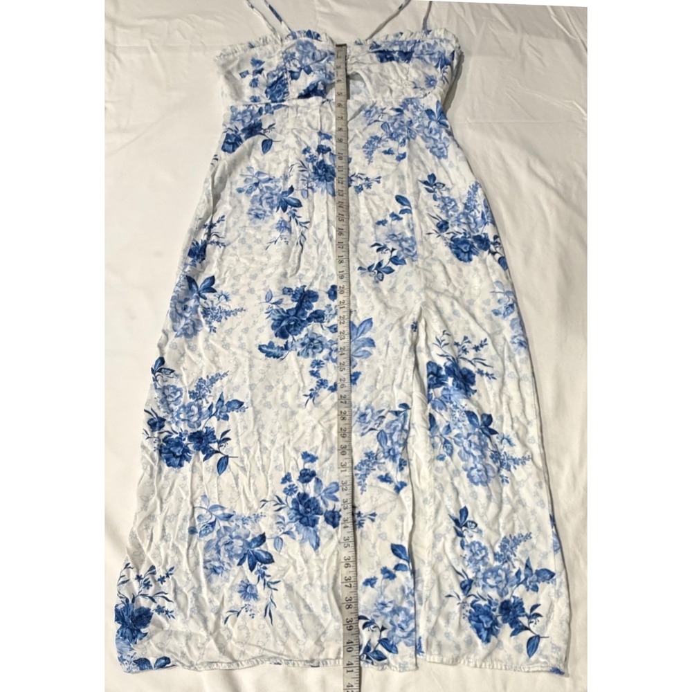 Zara Blue White Floral Midi Dress Cutout Front Slit XL Toile Print Smocked Back - Picture 6 of 6